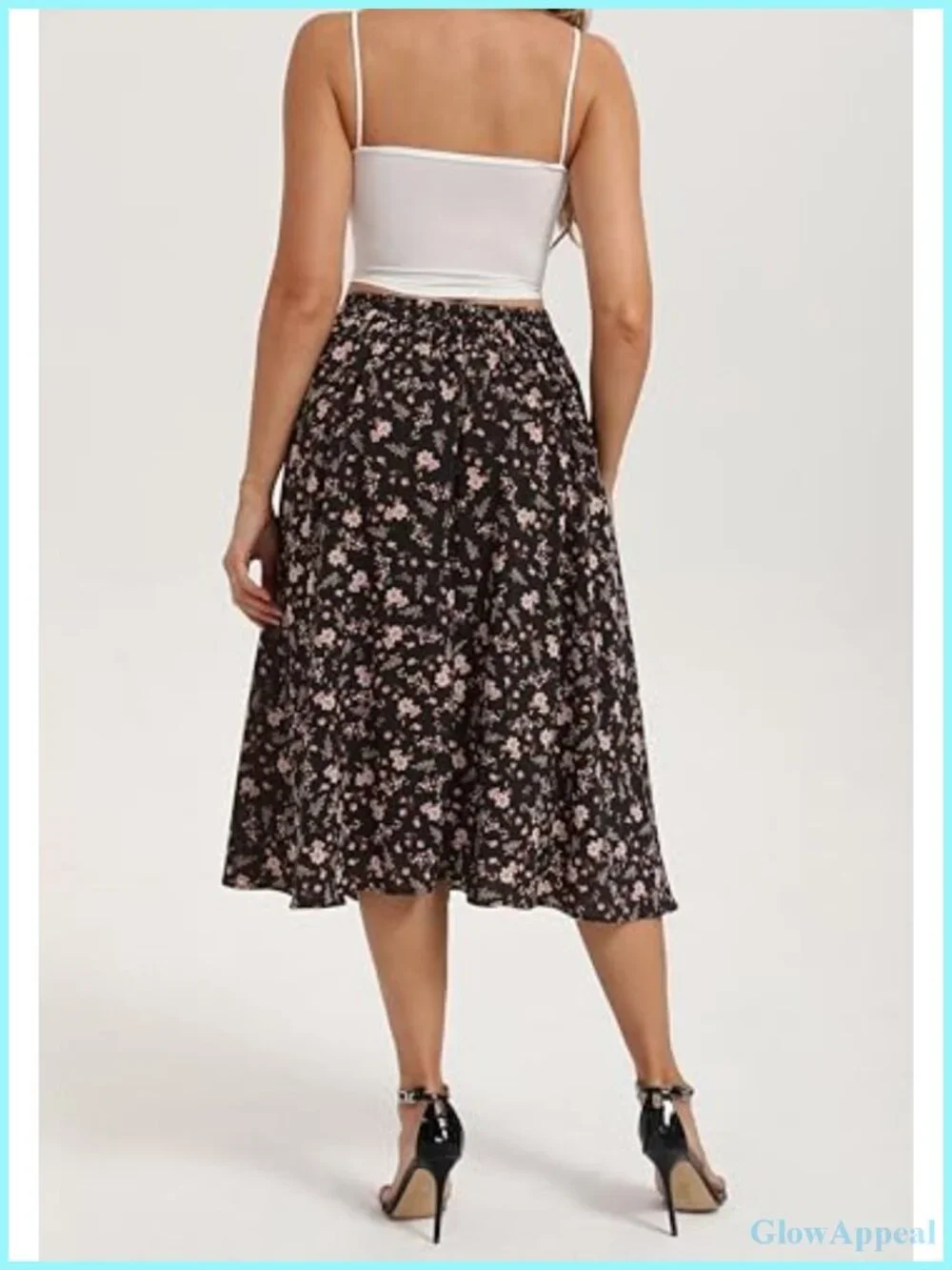Floral Midi Skirt with Slit High Waist Pleated A-Line Pockets Flowy